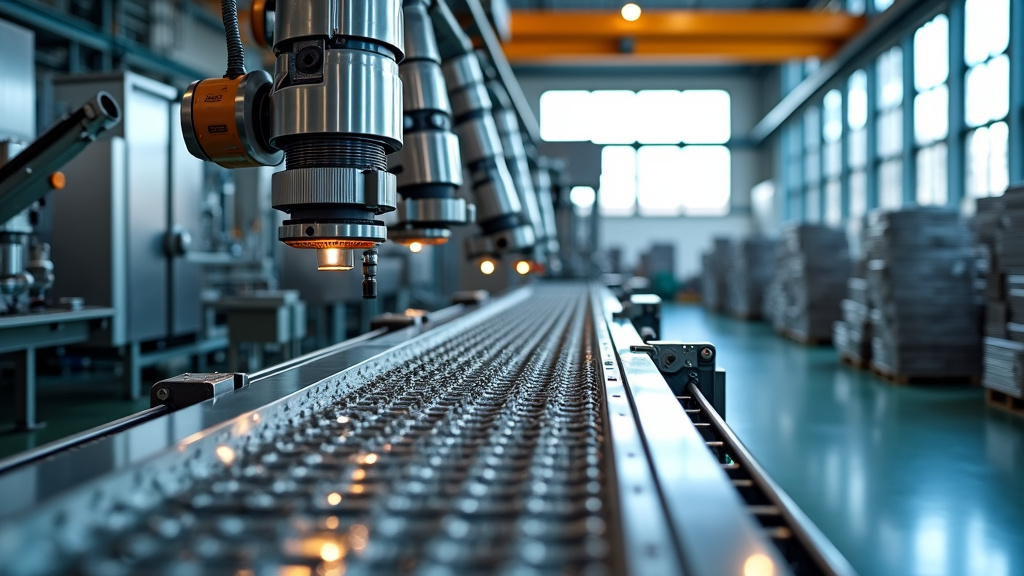 Modern Industrial Recycling Facility Interior A modern industrial recycling facility with robotic sorting arms and gleaming stainless steel machinery processing specialty metals.