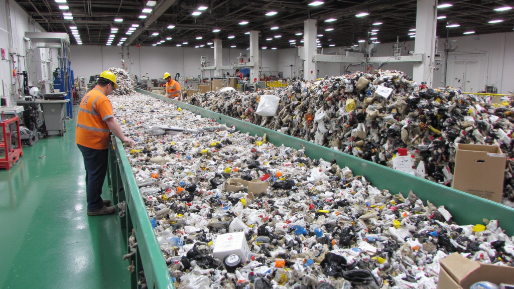 Diverse Recyclable Materials Sorting Diverse recyclable materials sorted on conveyor belt, workers inspecting, industrial setting