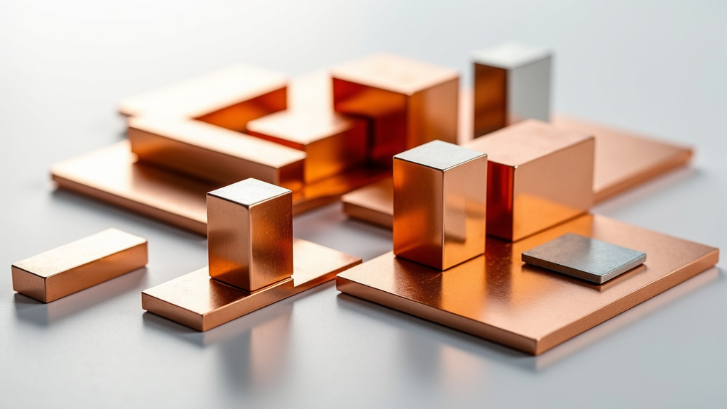 Artistic Arrangement of Gleaming Metal Pieces Close-up of various gleaming metal pieces on a white surface showcasing polished bronze, copper, brass, and aluminum.