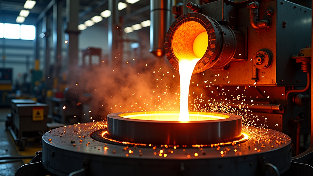 Cinematic Industrial Metal Recycling Facility Cinematic industrial scene of a modern metal recycling facility with molten metal and glowing sparks.