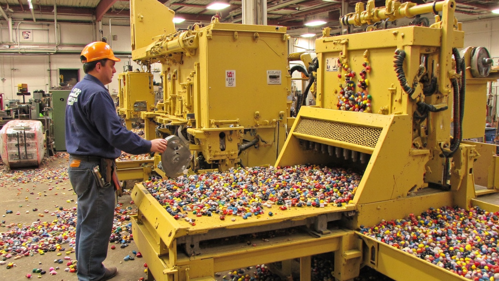 Recycled Magnets Processing Worker operating machinery to separate and process recycled magnets in an industrial facility.