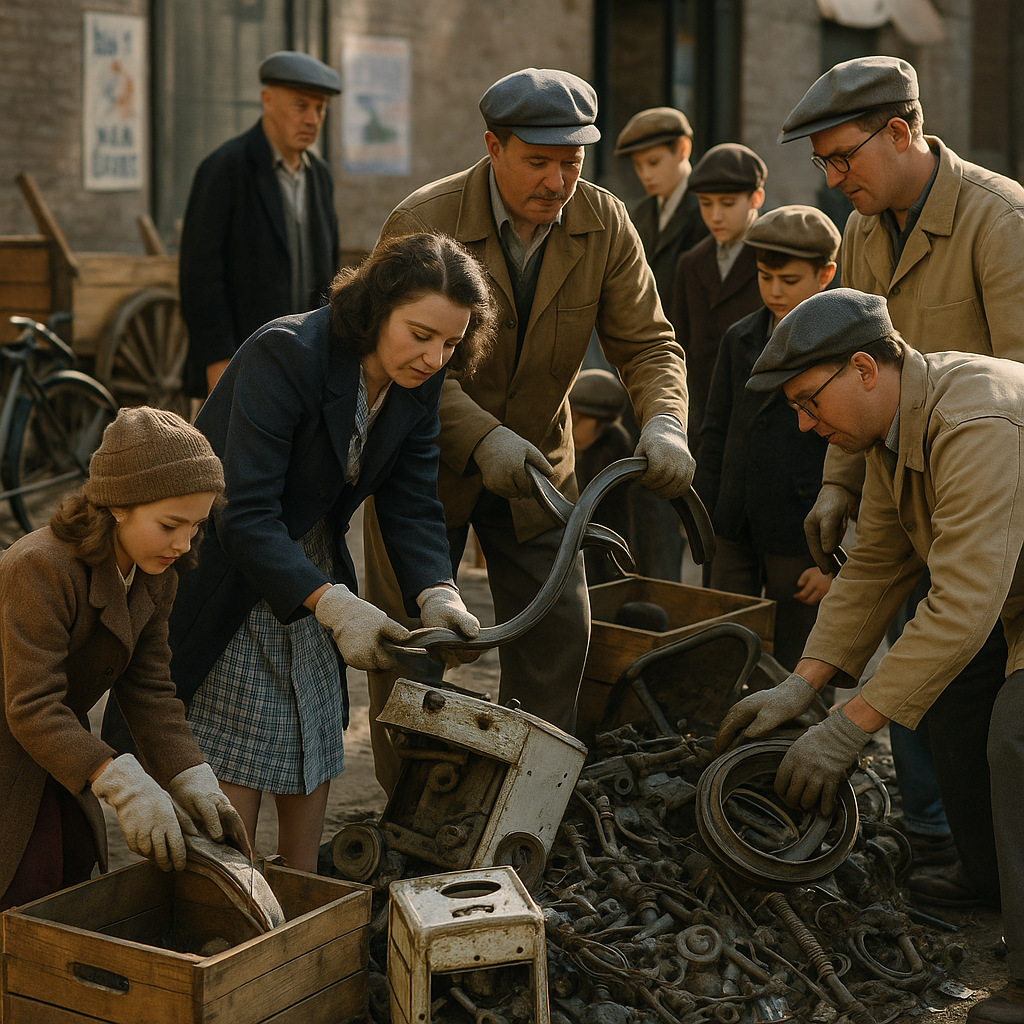 1940s Civilians Collecting Scrap Metal Civilians in the 1940s collecting scrap metal for the war effort, with piles of old appliances and car parts visible.