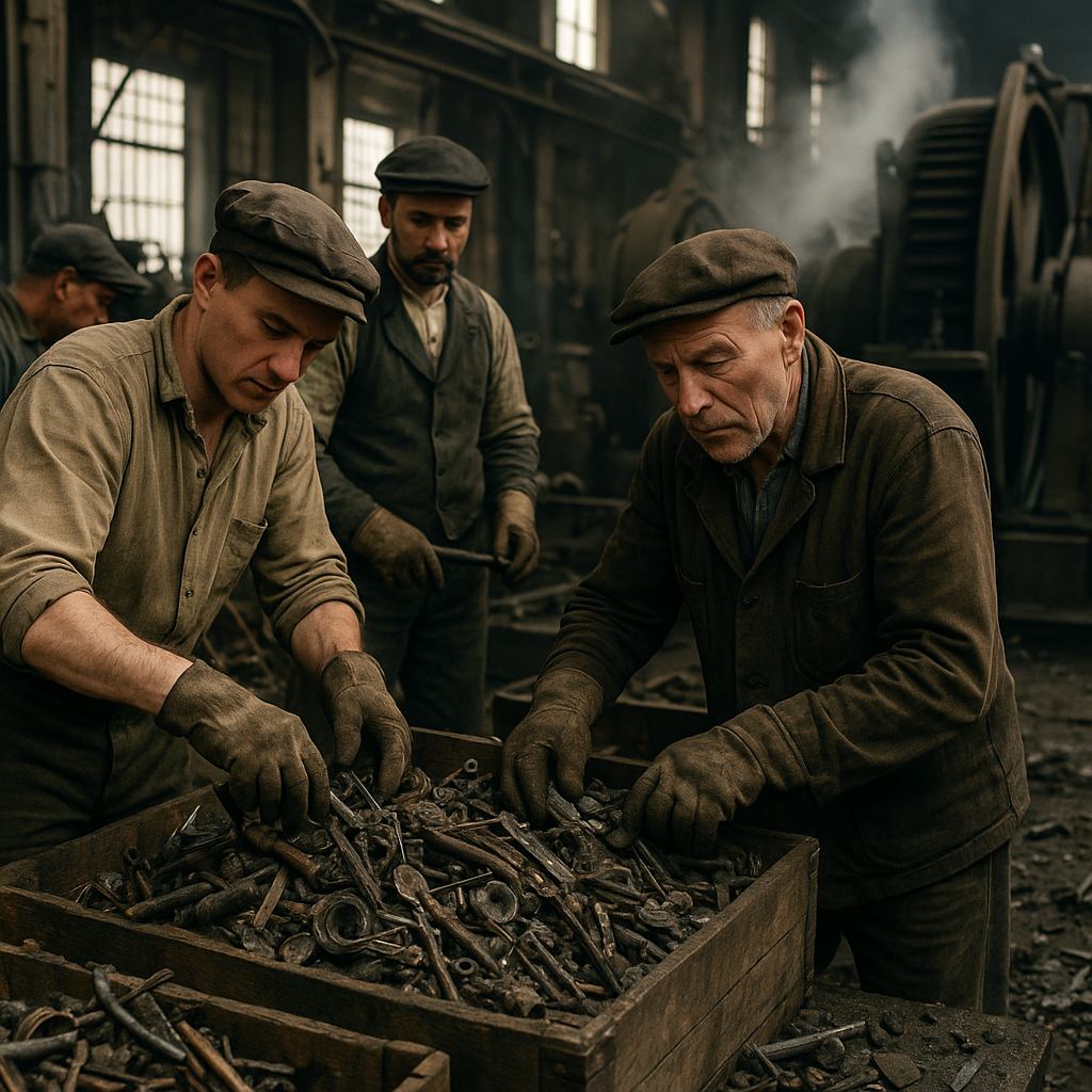19th Century Factory Workers 19th century factory workers sorting scrap metal near large industrial machinery with steam rising