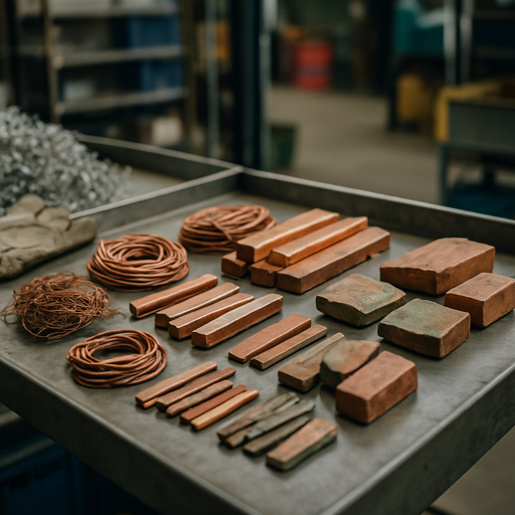 Assorted Copper Scrap Pieces Assorted copper scrap pieces neatly organized on an industrial sorting table with different colors and textures visible.