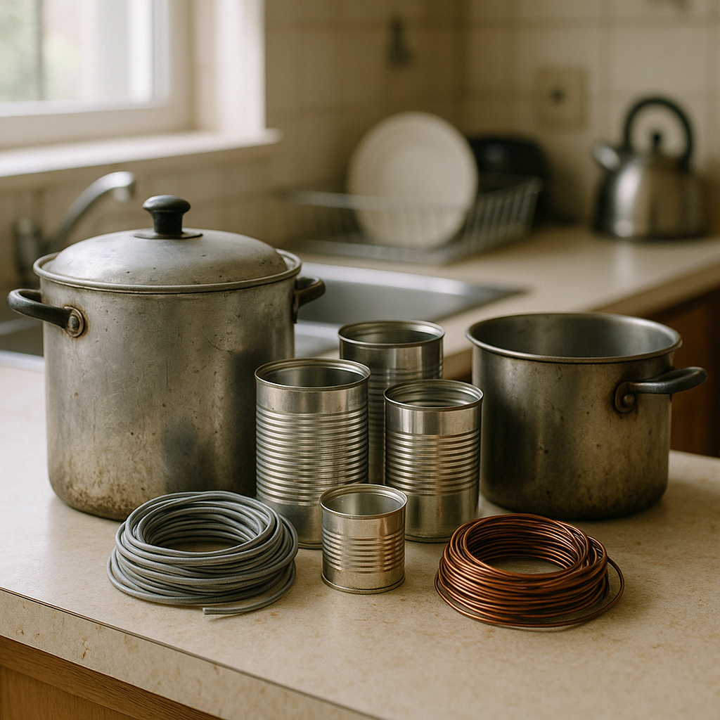 Assorted Household Metal Items on Kitchen Counter Assorted household metal items like old pots, cans, and wires neatly arranged on a kitchen counter