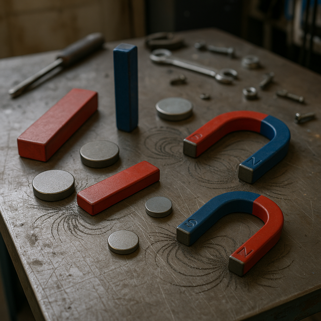 Assorted permanent magnets of various shapes and colors arranged on a metal surface, with visible magnetic field lines.