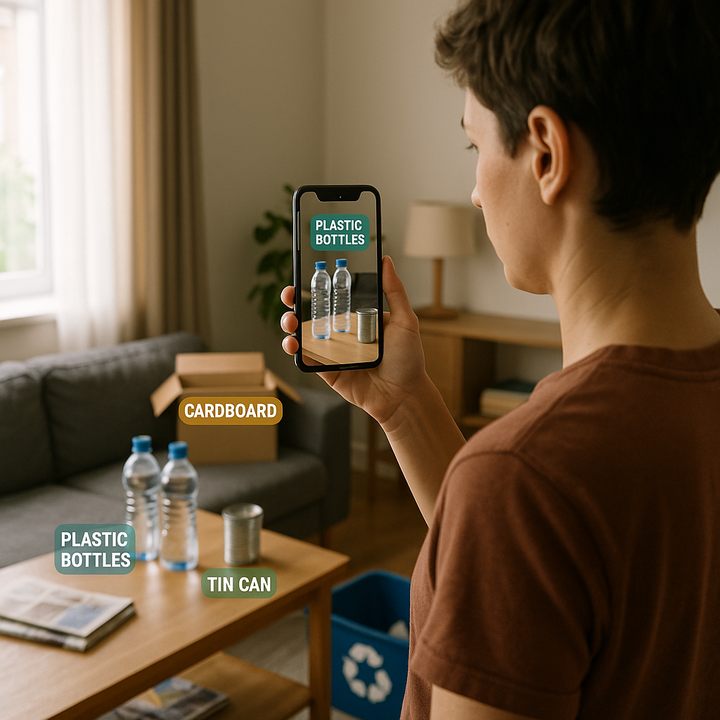 Augmented Reality Recycling Learning Person using an augmented reality app on a smartphone to learn about recycling, surrounded by household items.