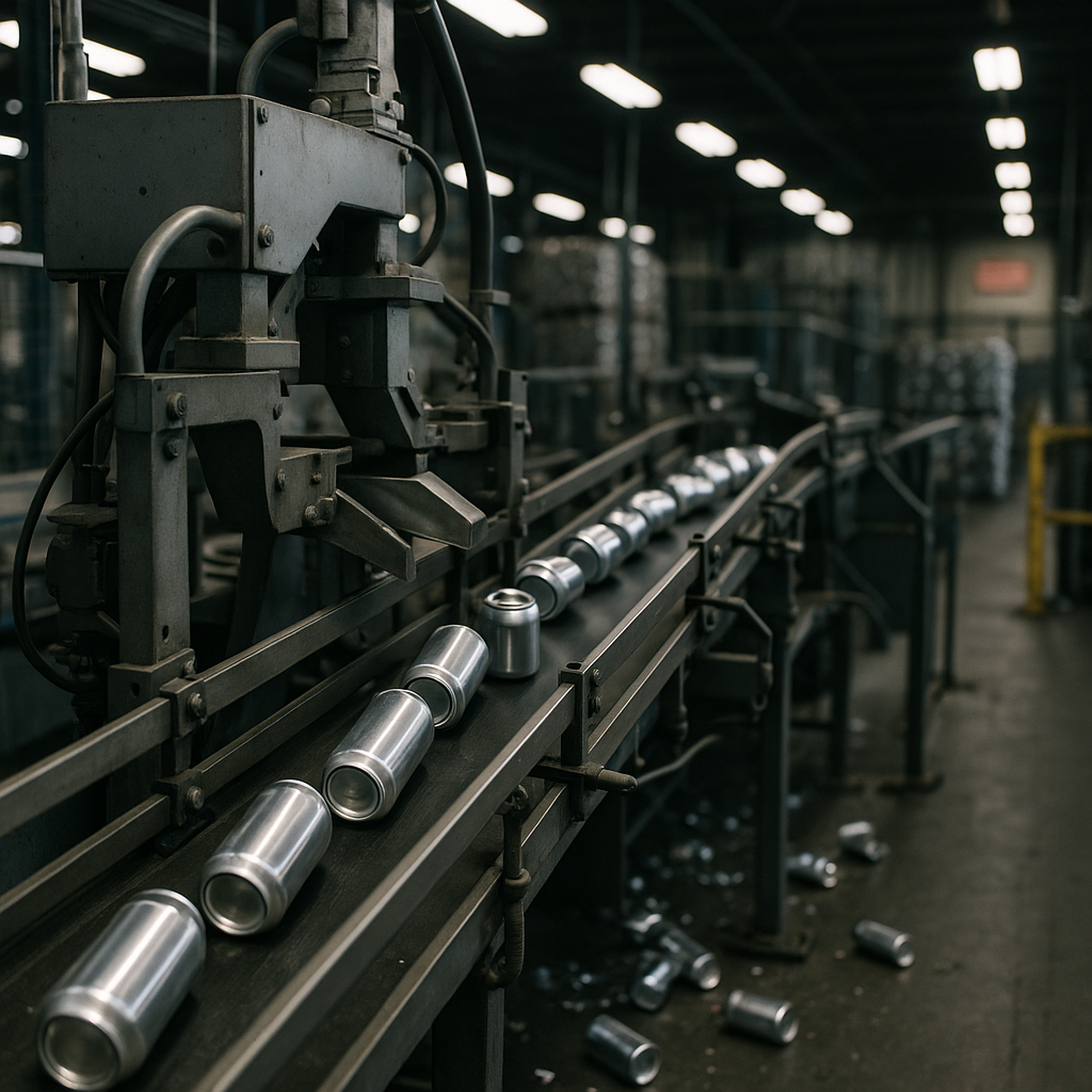 Automated Recycling Sorting Machine Modern automated sorting machine processing aluminum cans in a recycling facility.