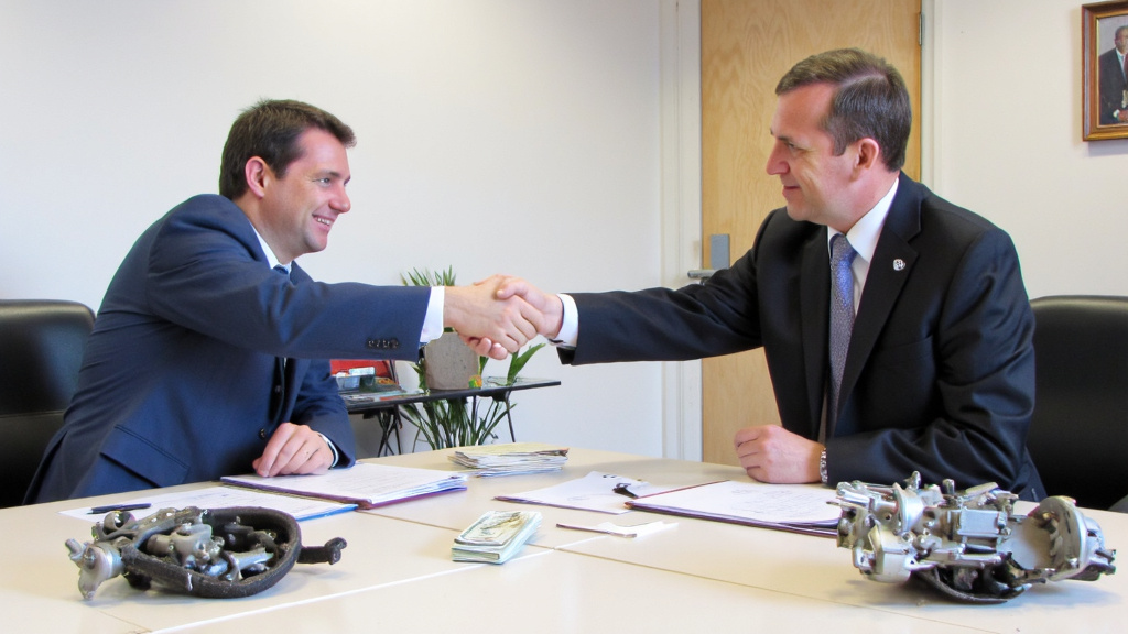 Business Partnership with Recycling Company Business owner shaking hands with recycling company representative, stack of cash and dismantled chiller parts on table