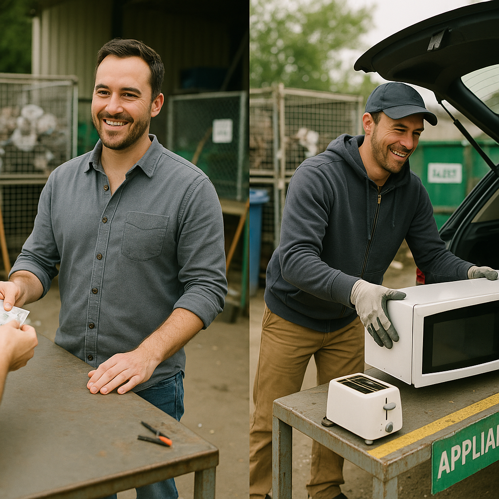 Business Owner and Customer at Recycling Center Business owner receiving payment for scrap metal while an individual drops off old appliances at a recycling center, both smiling.