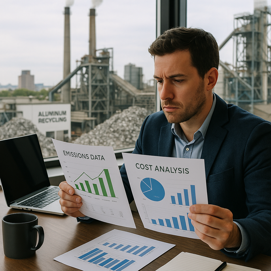 Businessman Analyzing Emissions and Cost Data Businessman studying charts showing emissions data and cost analysis in office with aluminum recycling plant visible through window