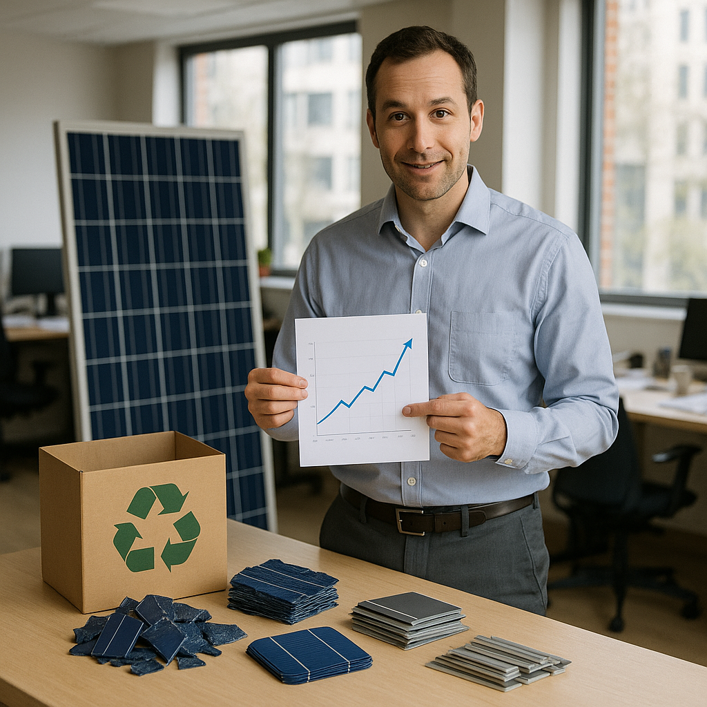 Businessman presenting graph showing rising profits next to recycled solar panel materials in an office setting.