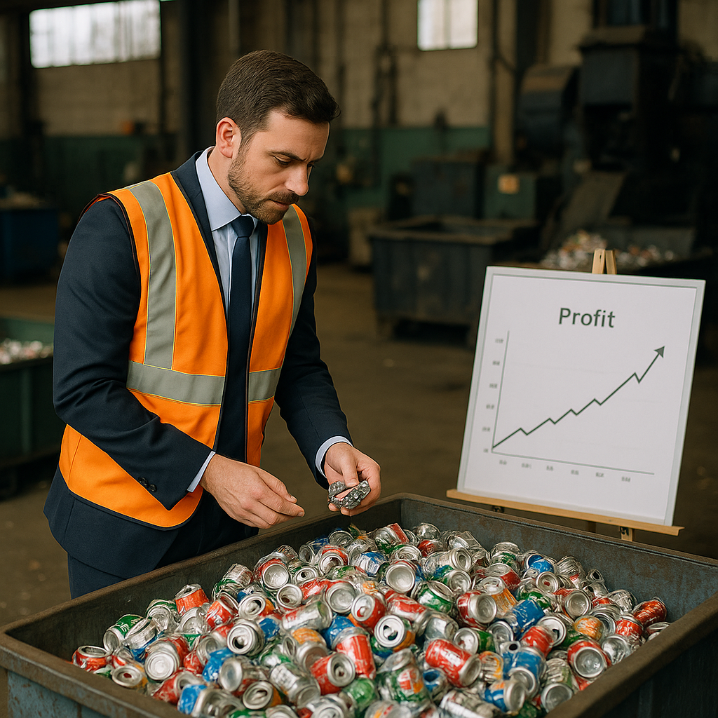 Businessman and Recycled Aluminum Cans Businessman examining recycled aluminum cans next to a graph showing increased profits in an industrial setting.