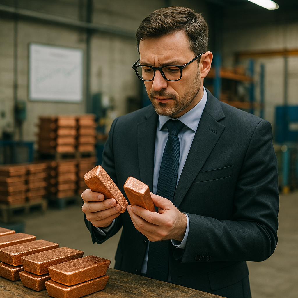 Businessman Examining Recycled Copper Ingots Businessman examining high-quality recycled copper ingots with a price chart in the background.