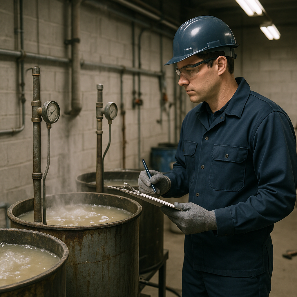 Chemical Solutions for Dissolving Metal Parts Large tanks with chemical solutions dissolving metal parts from chillers, technician monitoring process.