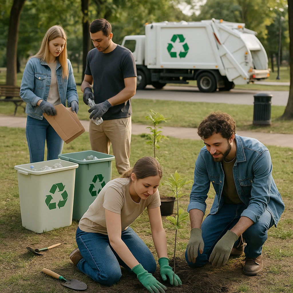 Citizens Planting Trees and Sorting Recyclables Group of inspired citizens planting trees and sorting recyclables in a park, with a recycling truck visible in the background.