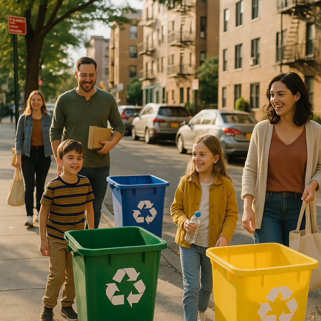 Clean City Street with Recycling Bins Clean city street with visible recycling bins, happy residents, and reduced litter