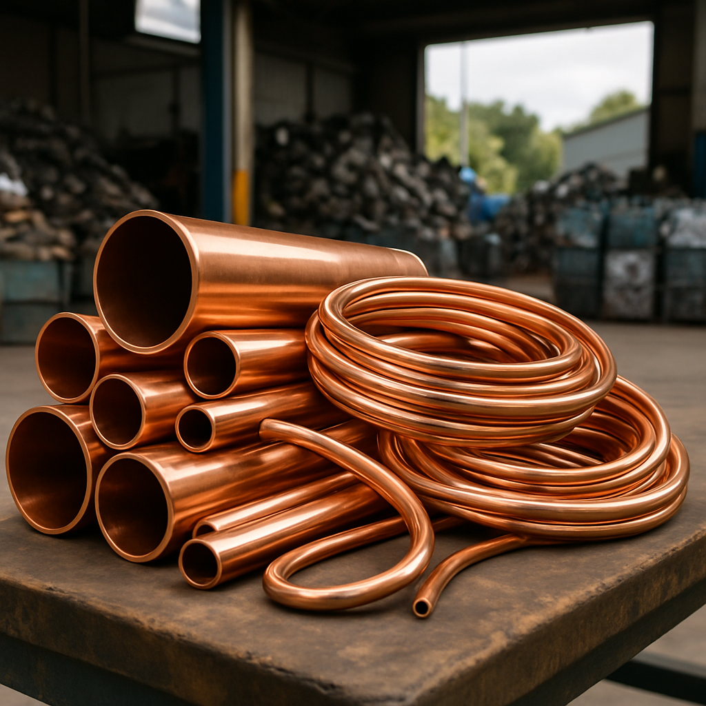 A pile of clean, shiny copper pipes and tubing on a workbench with a recycling center in the background.