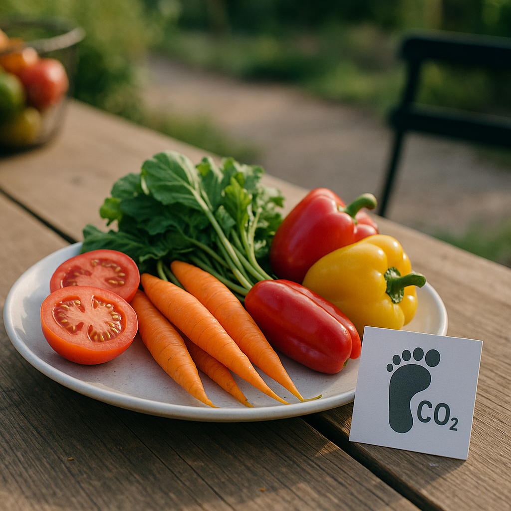 Colorful Locally-Sourced Vegetables with Carbon Footprint Icon Plate of colorful, locally-sourced vegetables next to a small carbon footprint icon.