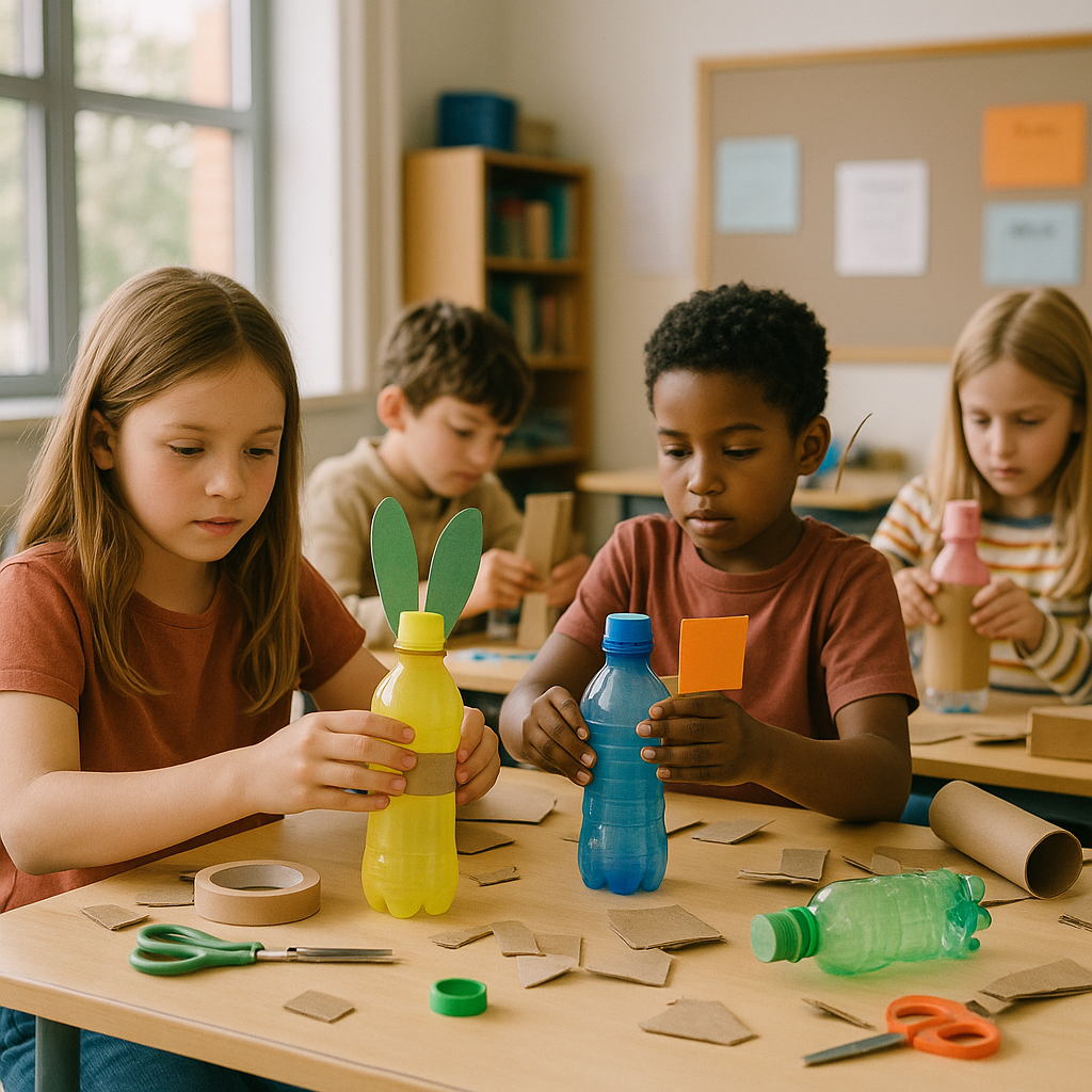 Creative Classroom Activities with Recycled Materials Children creating colorful sculptures from plastic bottles and cardboard in a bright classroom