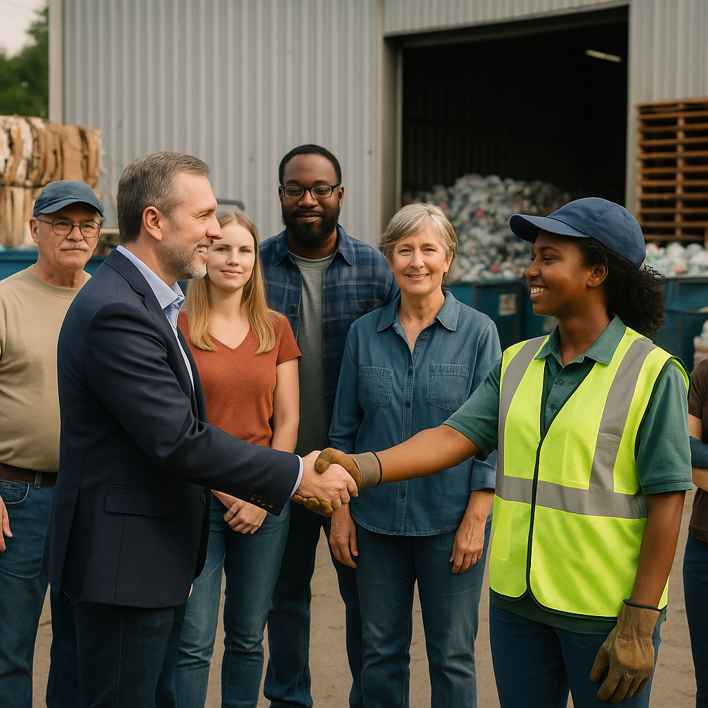 Community Collaboration at Recycling Center Diverse group of community members and business owners shaking hands in front of a recycling center with sorted piles of scrap materials visible.