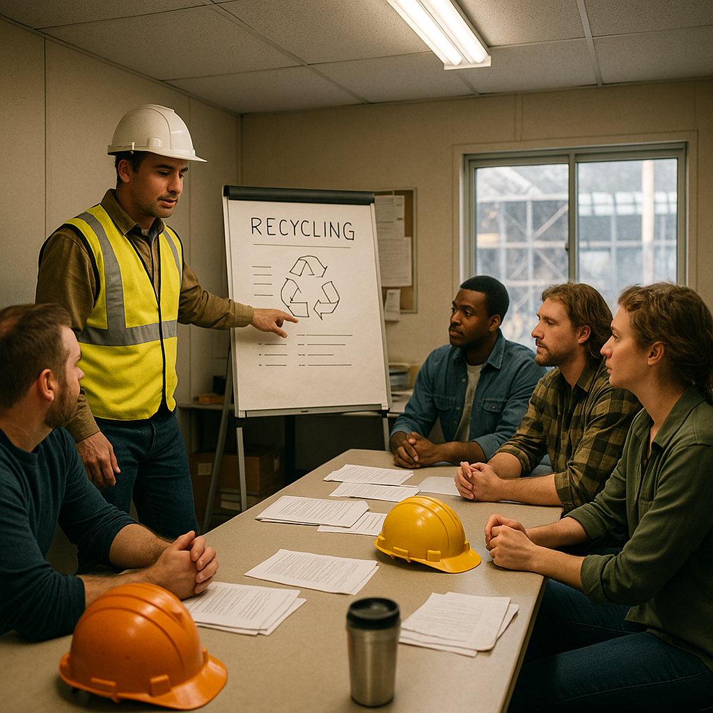 Construction Manager Presenting Recycling Strategies Construction manager presenting recycling strategies to attentive team using visual aids in site office