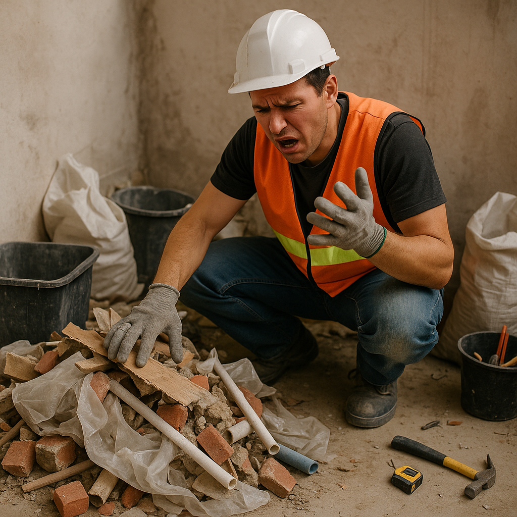 Frustrated Construction Worker with Mixed Debris Construction worker looking frustrated while trying to separate mixed debris, surrounded by various materials and limited space.