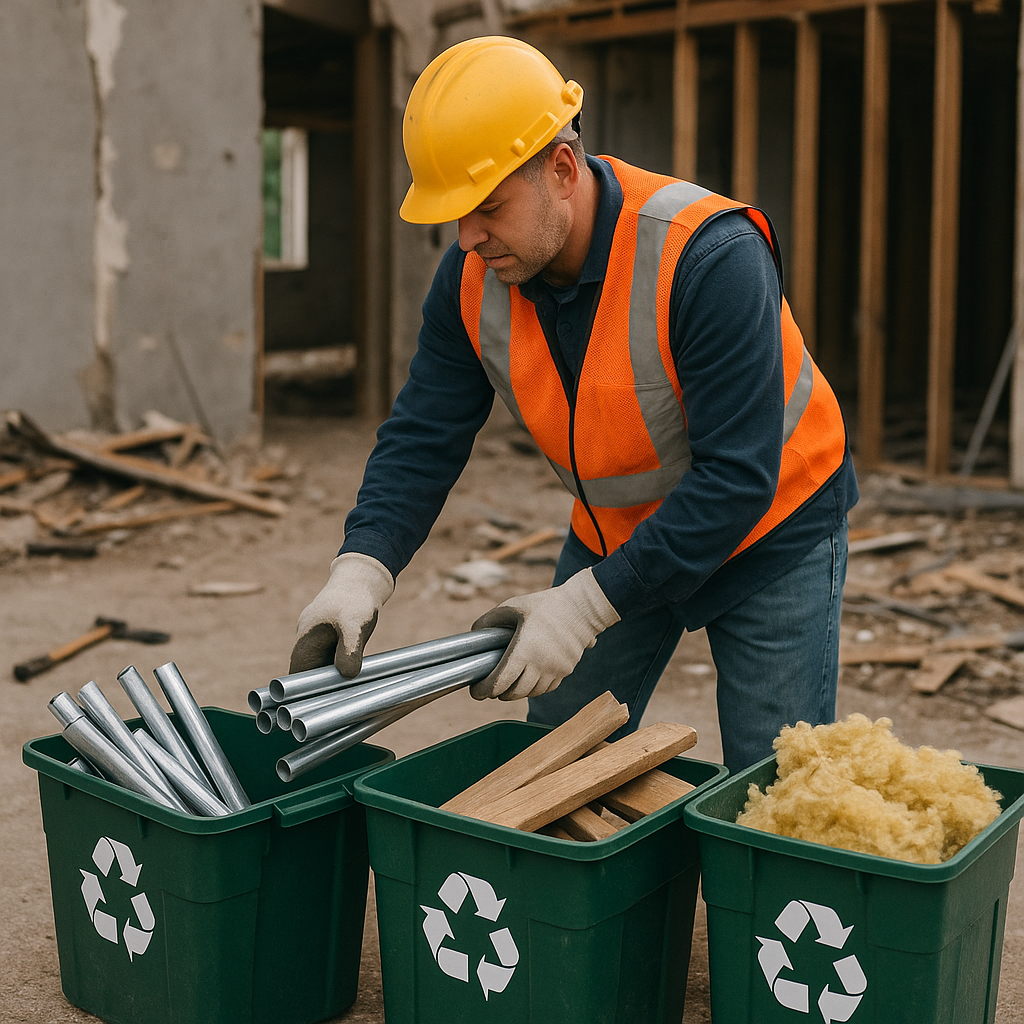 Construction Worker Dismantling Materials Construction worker dismantling building materials and sorting recyclables with green recycling bins nearby.
