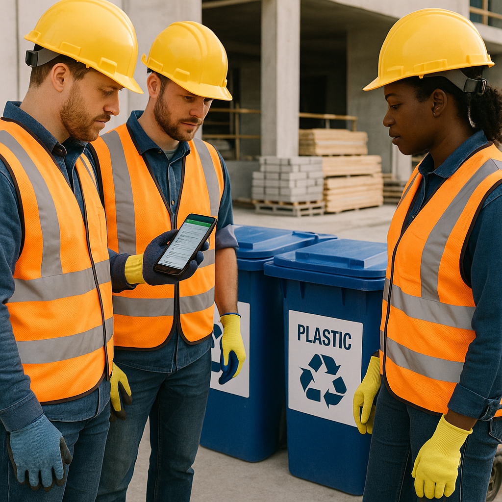 Construction Workers Tracking Waste Disposal Construction workers using a mobile app to track waste disposal next to clearly marked recycling stations on a clean job site.
