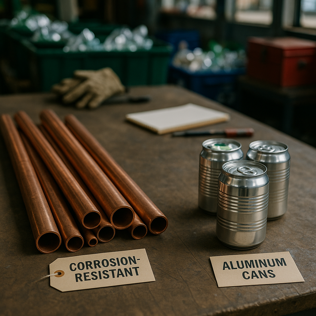 Corrosion-Resistant Copper and Aluminum Display Copper pipes and aluminum cans on a workbench, showcasing corrosion-resistant properties.