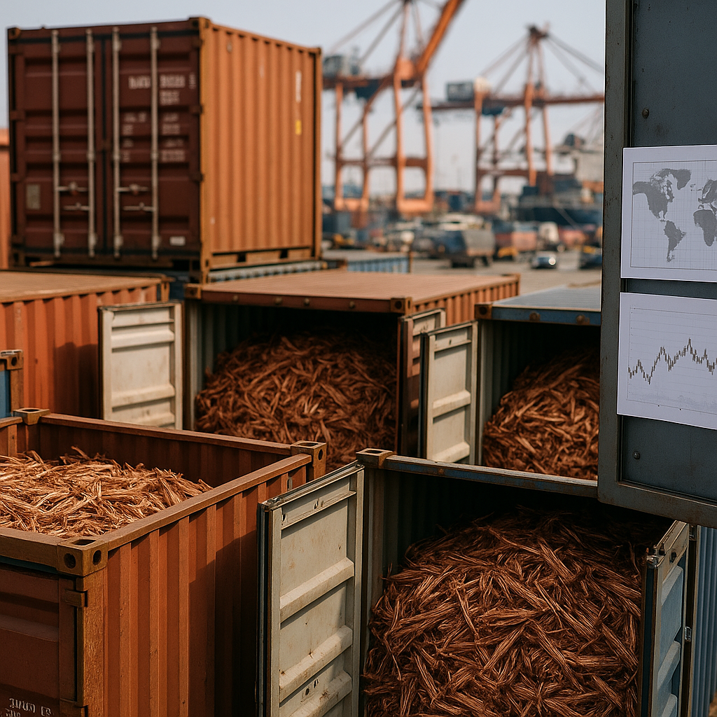 Copper Scrap Shipping Containers at Port Shipping containers filled with copper scrap at busy port with global map and stock market charts in background.