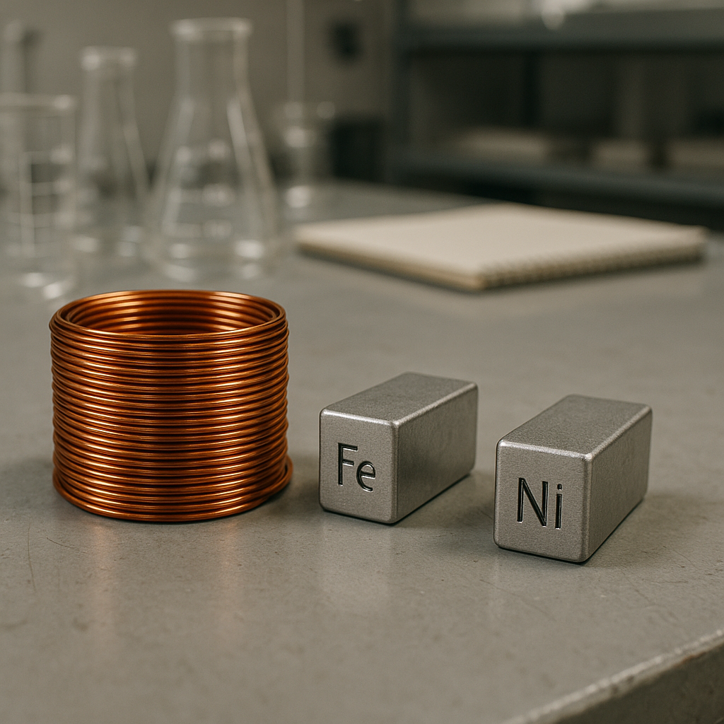 Copper Wire Coil and Magnets Copper wire coil next to iron and nickel magnets, not attracting, on a laboratory table.