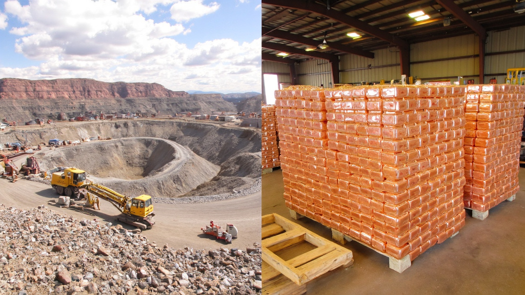 Copper Ore Mine and Recycled Ingots Split-screen image showing a copper ore mine on the left and neat stacks of recycled copper ingots on the right.