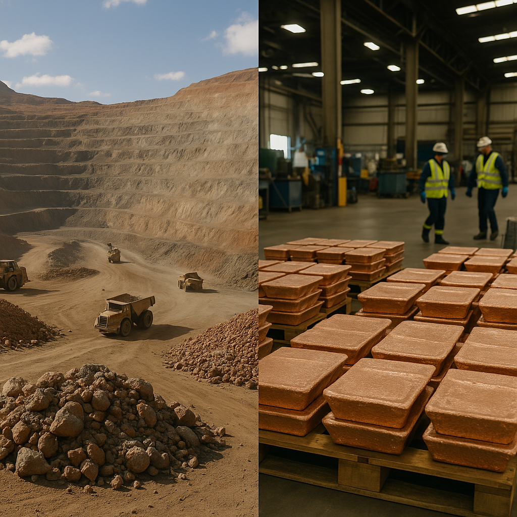 Open-Pit Copper Mine vs. Recycling Facility Split-screen image showing an open-pit copper mine and a clean recycling facility with copper ingots.