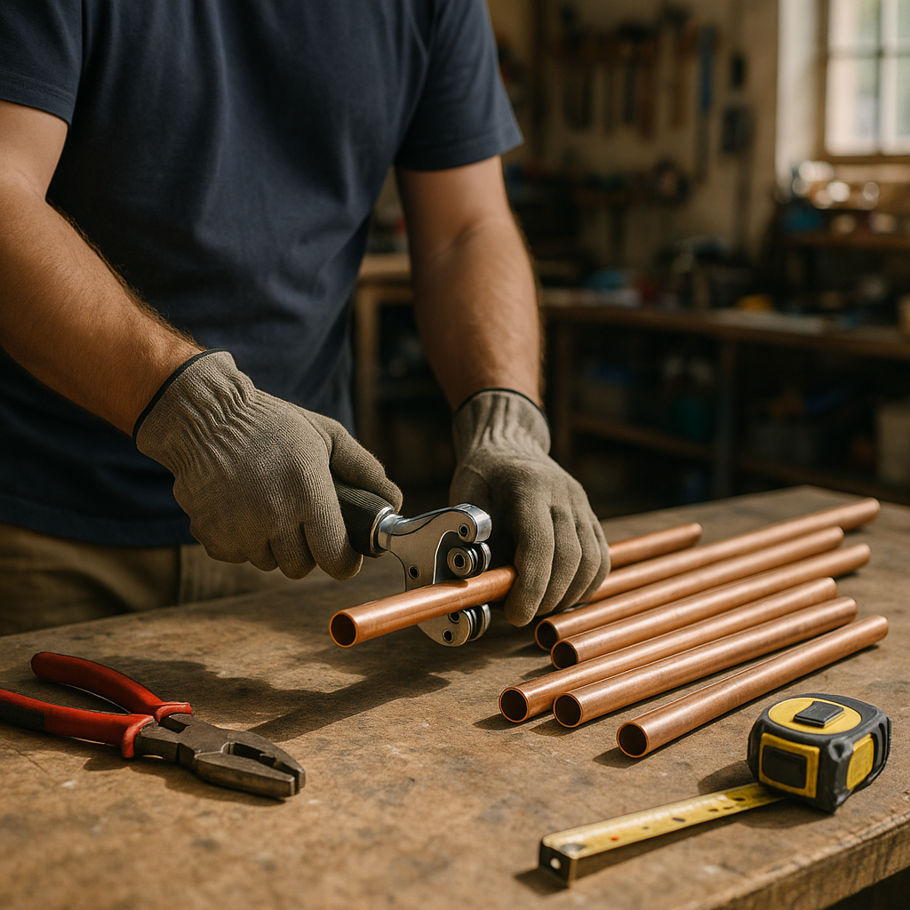 Copper Pipe Cutting and Sorting in Workshop Person cutting and sorting copper pipes on a workbench with tools nearby in a bright workshop setting.