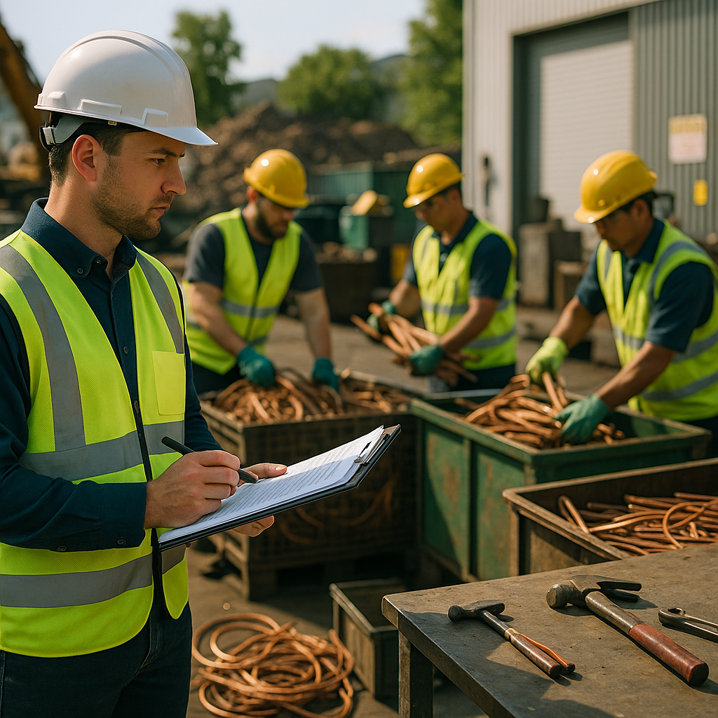 Inspector Examining Copper Recycling Process Inspector examining copper recycling process with clipboard in hand and workers following safety protocols
