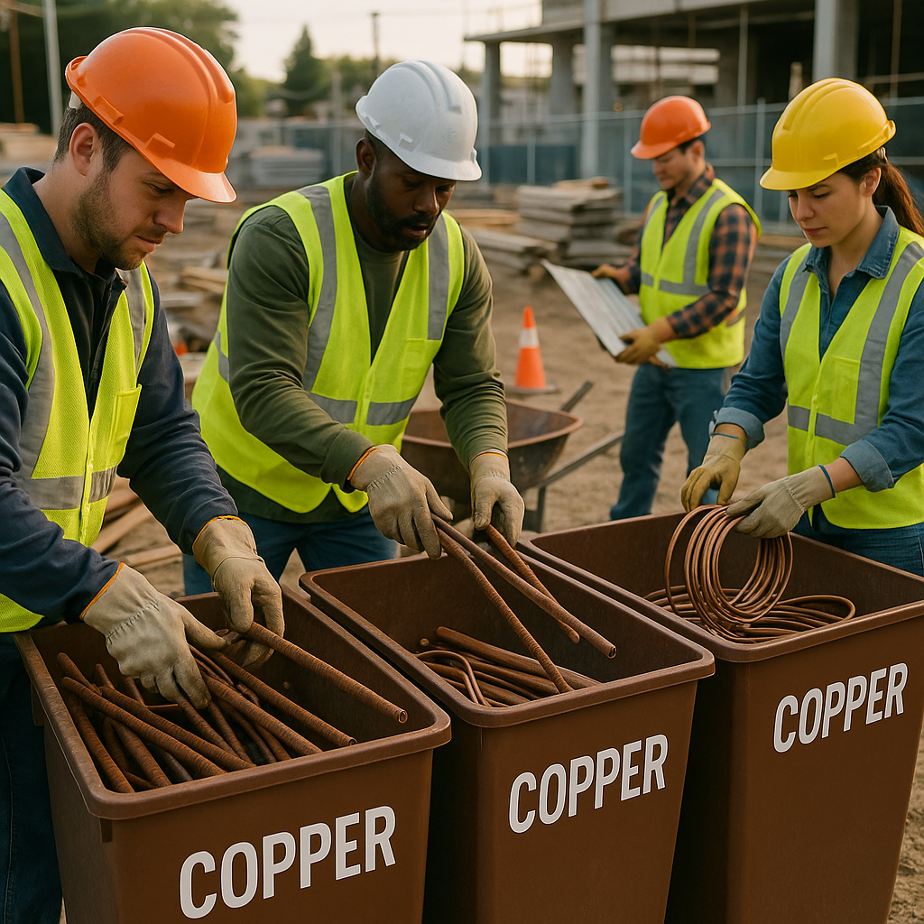 Copper Recycling at Construction Site Construction site with dedicated copper recycling bins and workers carefully separating materials