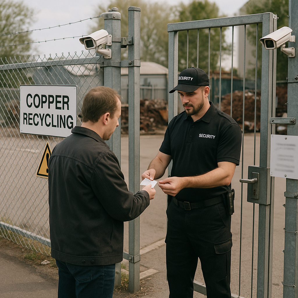 Security at Copper Recycling Yard Security cameras and fencing around a copper recycling yard with a guard checking ID at the entrance
