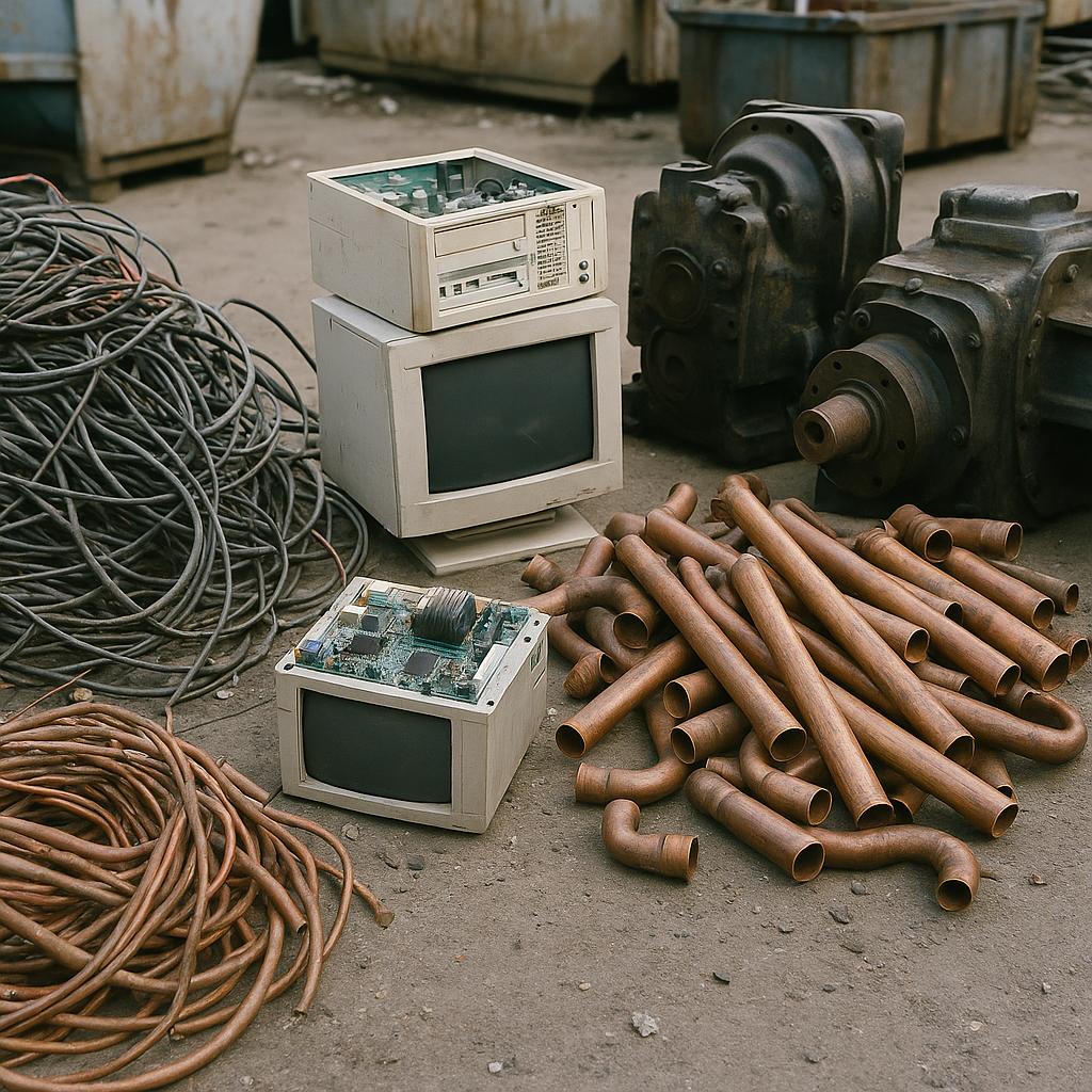 Copper Sources Collage Collage of various copper sources including old electrical wires, plumbing pipes, electronics, and industrial machinery in a scrapyard.
