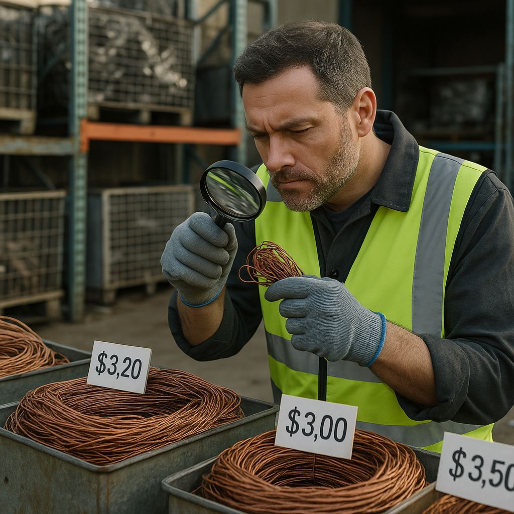 Recycling Worker Examining Copper Wire Recycling worker examining copper wire grade with magnifying glass, price tags visible on sorted piles