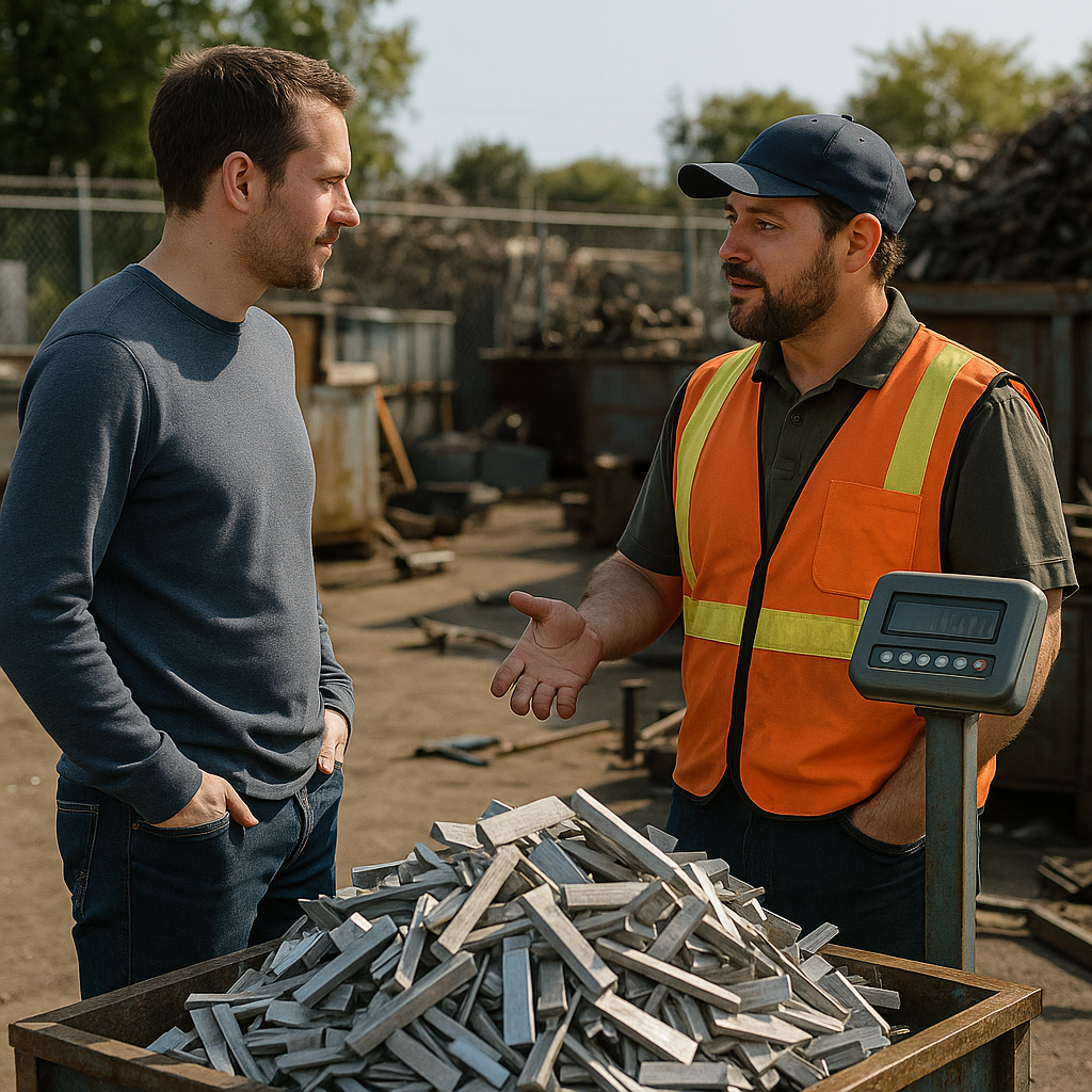 Customer Negotiating with Scrap Yard Manager Customer confidently negotiating with scrap yard manager over a pile of sorted metals in an industrial setting with scales visible.