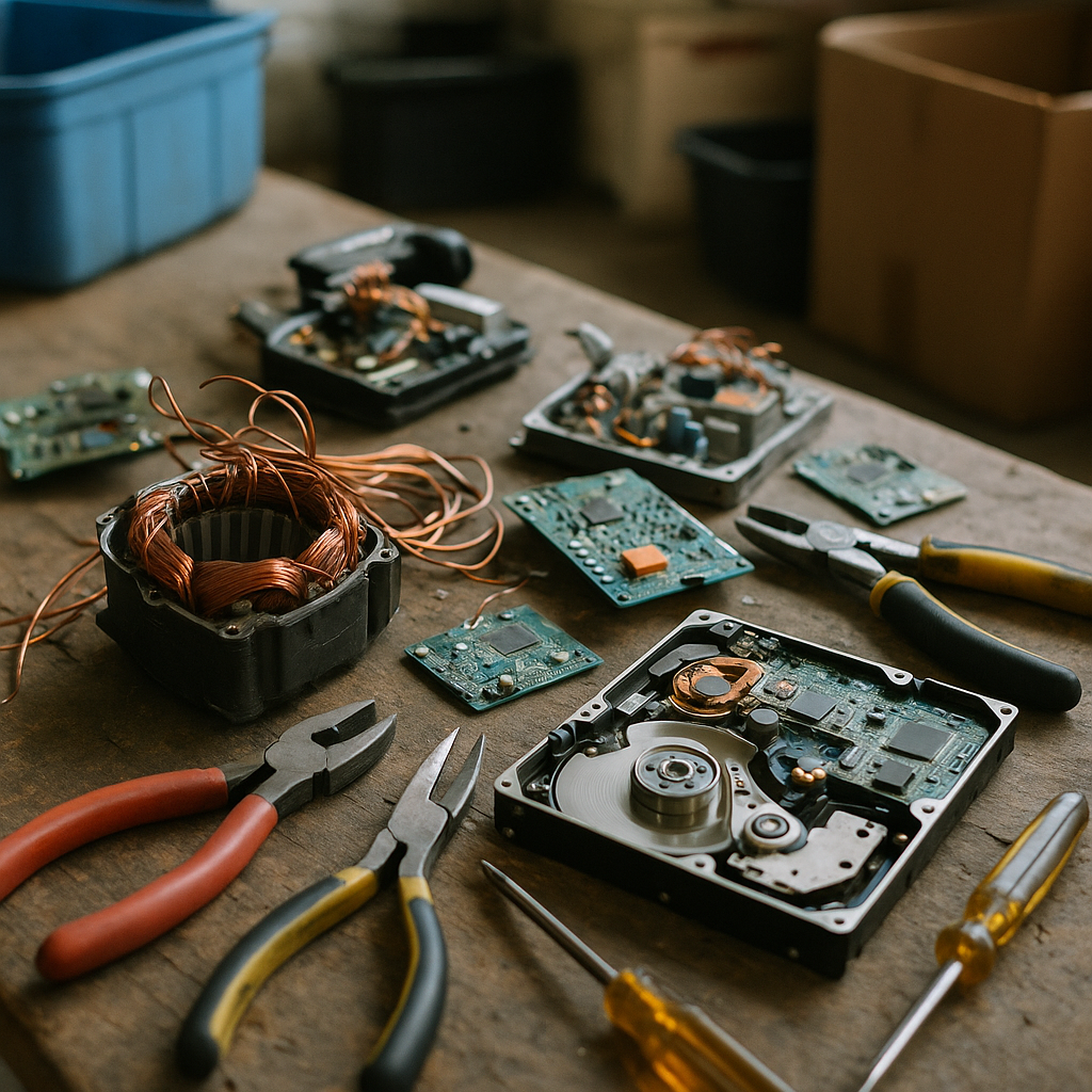 Disassembled Electronics for Recycling Close-up of disassembled electronic devices with visible copper components, surrounded by recycling tools.