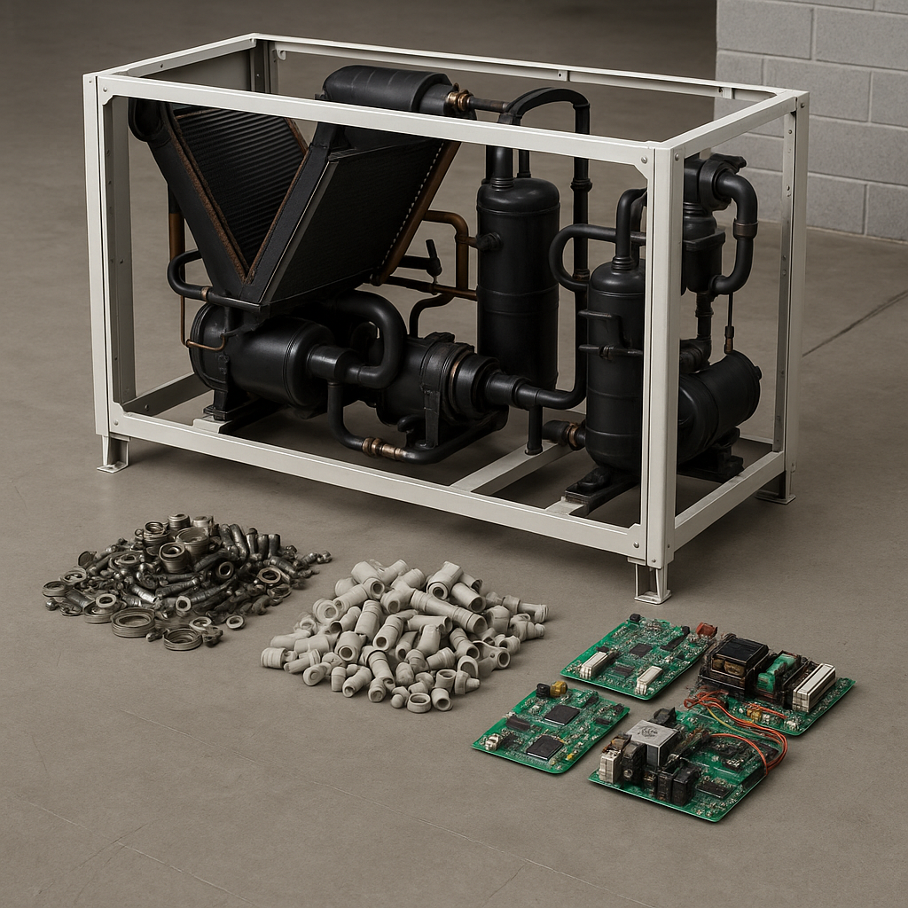Disassembled HVAC chiller with sorted piles of metal, plastic, and electronic components on industrial floor.