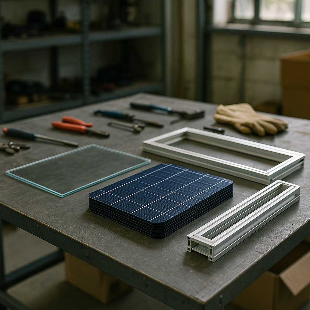 Disassembled Solar Panel Components Disassembled solar panel components neatly arranged on a workbench, including glass, silicon cells, and metal frames.