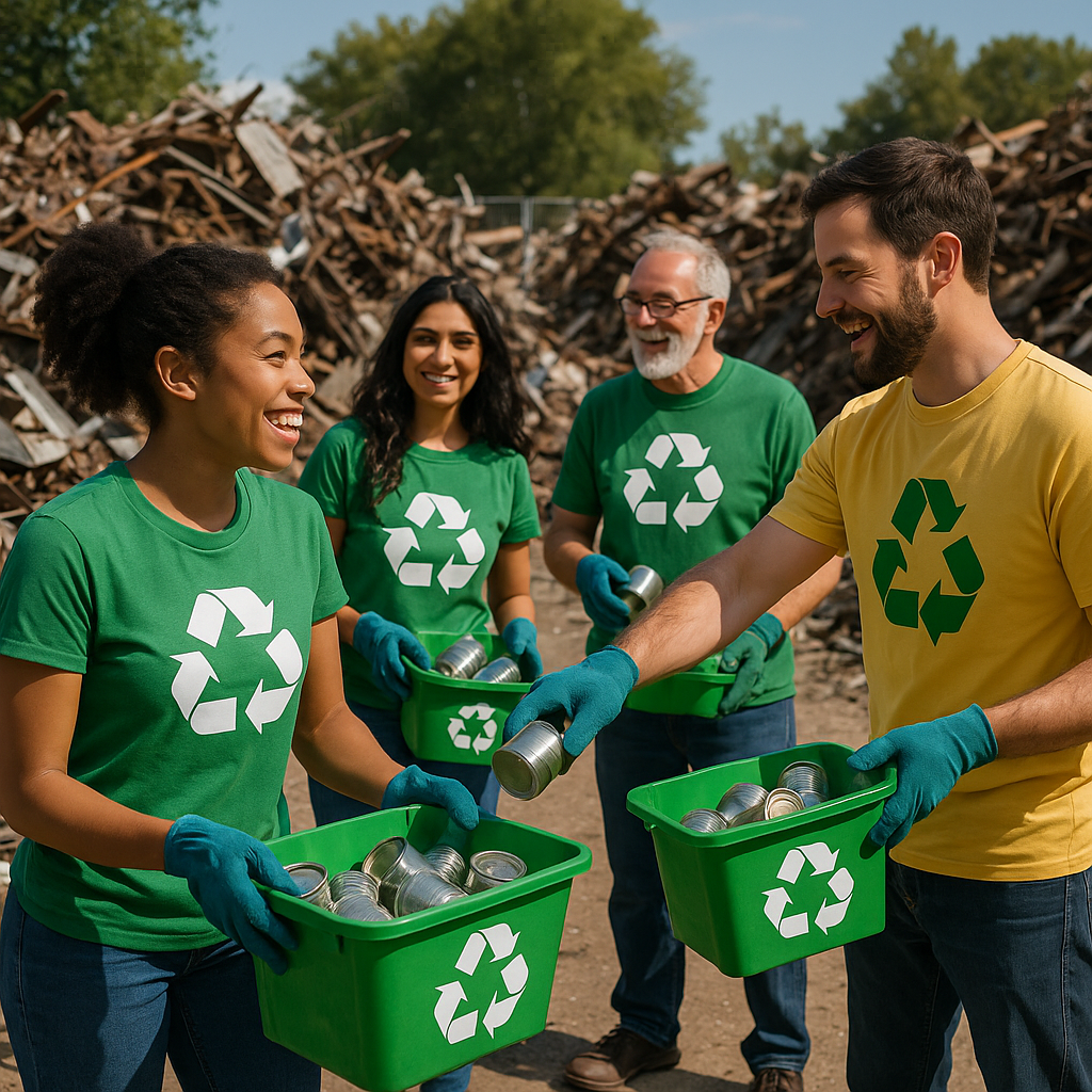 A diverse group of people dropping off scrap metal at a community recycling center with sorted metal piles in the background on a sunny day.