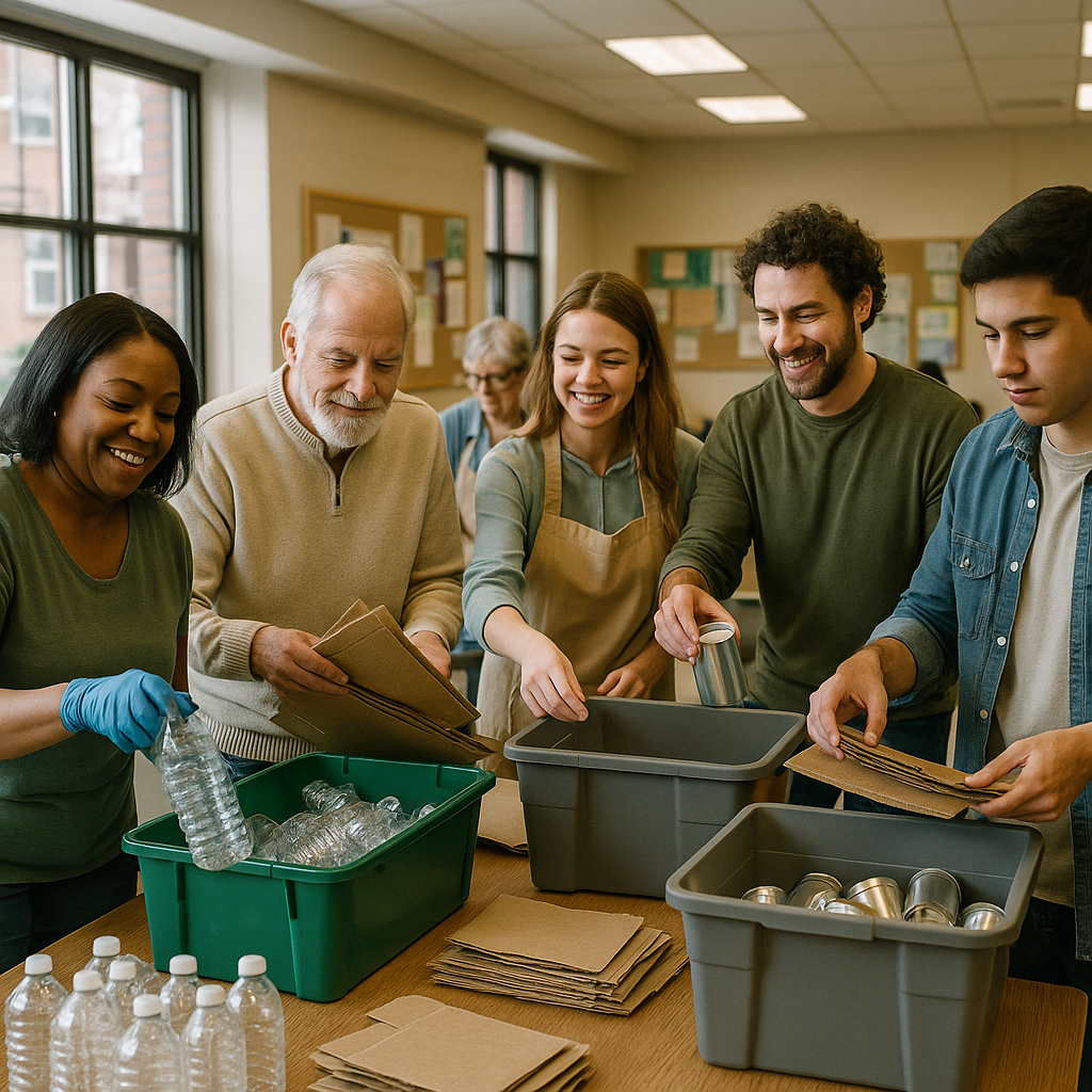 Community Recycling Collaboration Diverse group of people collaboratively sorting recyclables at a community center, creating a positive atmosphere.