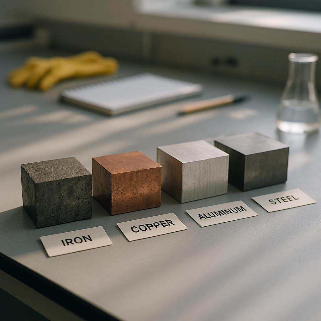 Diverse Metal Samples on Laboratory Table Array of diverse metal samples including iron, copper, aluminum, and steel on a laboratory table with labels.