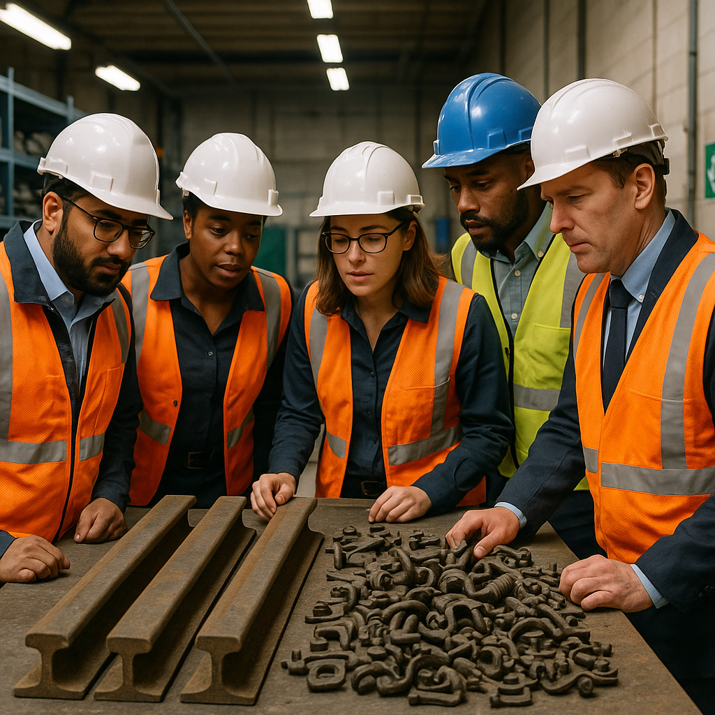 Diverse Professionals Inspecting Recycled Rail Components Diverse group of professionals inspecting recycled rail components in a modern facility