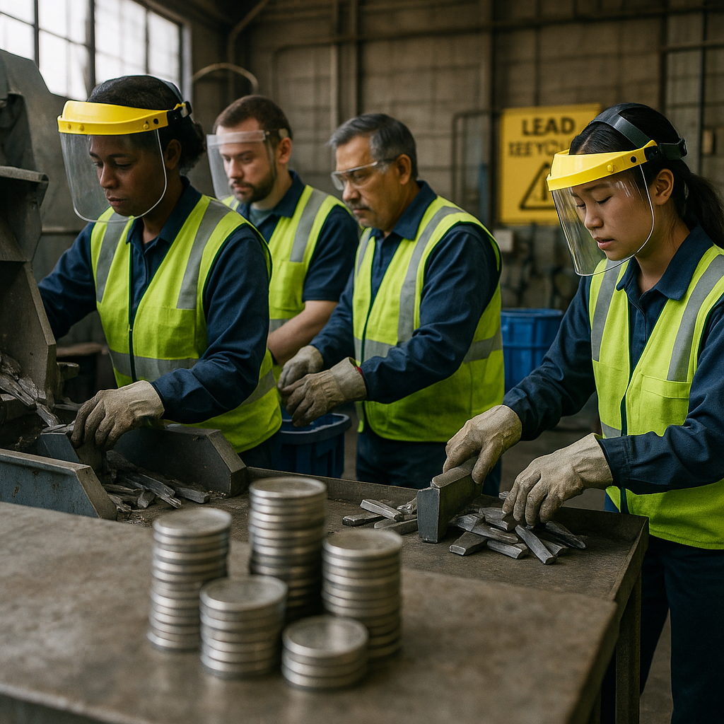 Diverse Group of Workers in Lead Recycling Diverse group of workers in protective gear operating lead recycling machinery with stacks of coins in the foreground.