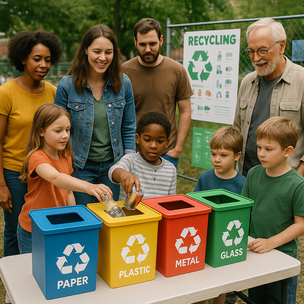 Engaging Recycling Sorting Game at Community Event Diverse group of people engaging with colorful recycling sorting game stations at community event, educational posters visible